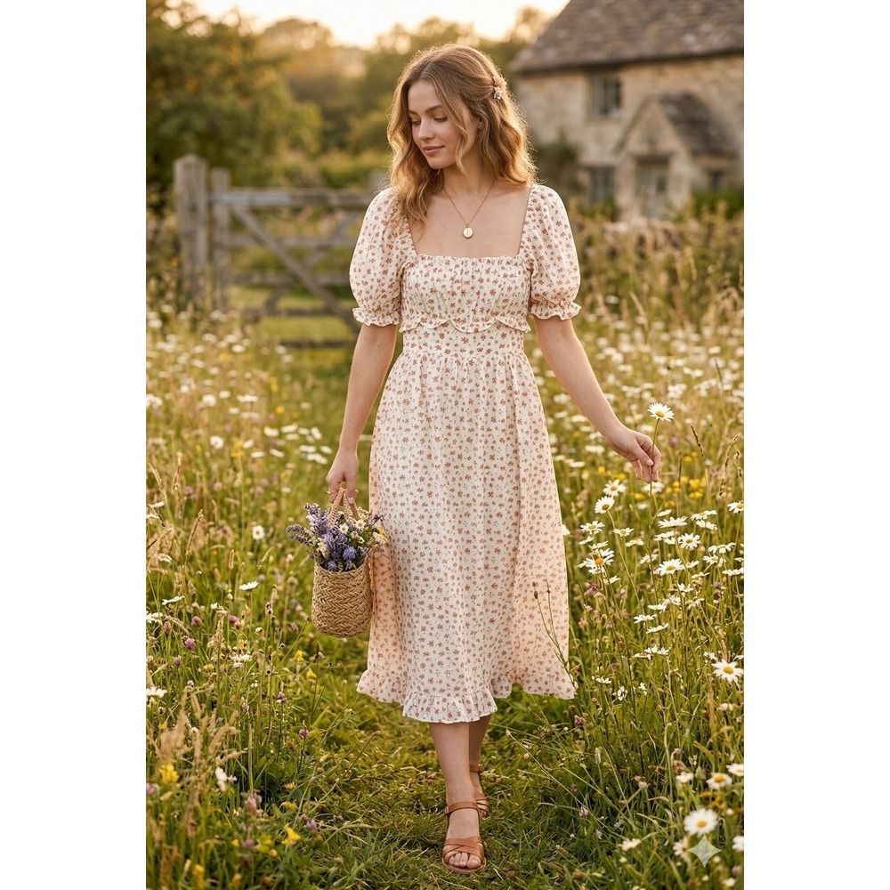 Neuflora Floral Puff-Sleeve Midi Dress in Cream